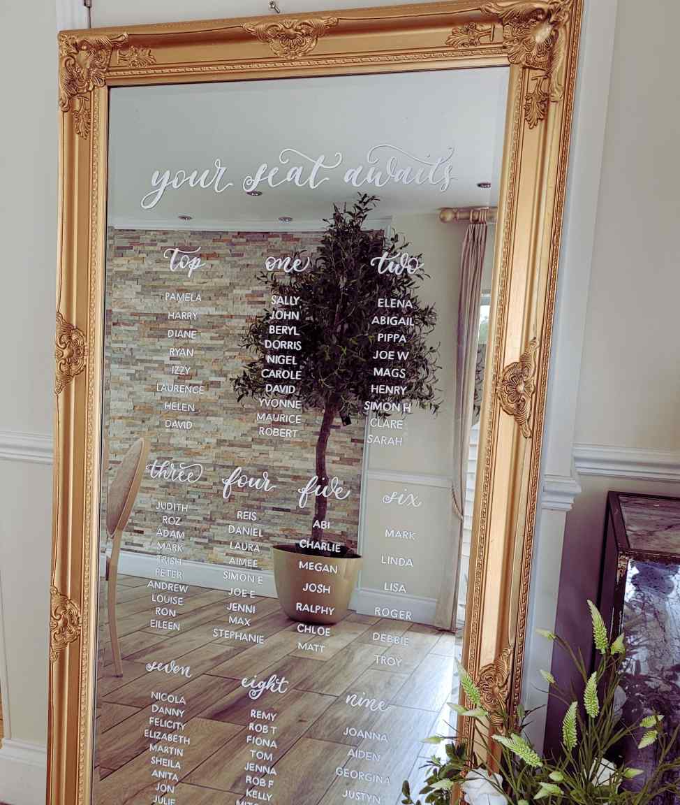 wedding seating plan on mirror with calligraphy